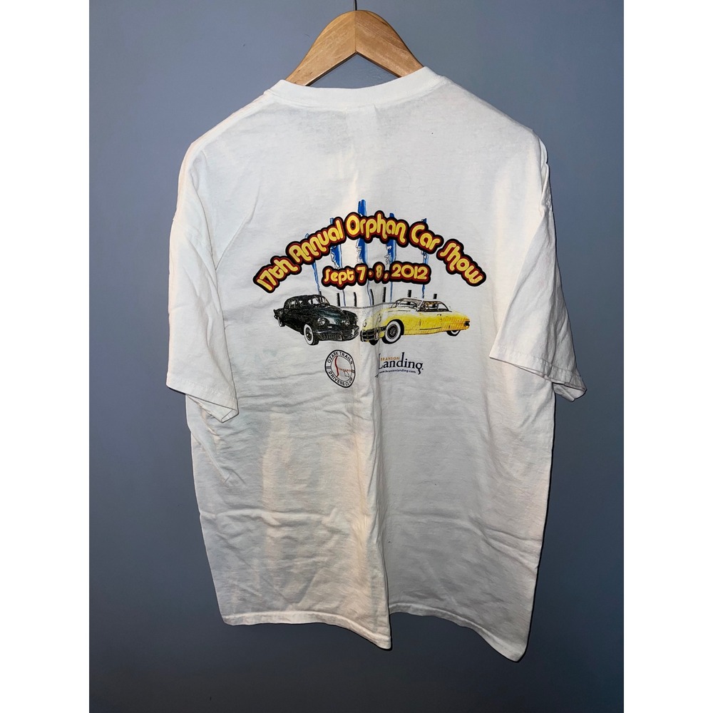 Gildan Mens XL White 17th Annual Orphan Car Show 2012 Graphic Pocket T-Shirt